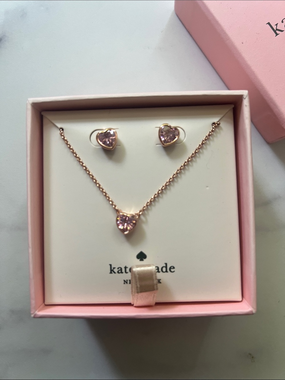 kate spade Rose Gold Heart Necklace and Stud Set with lilac Crystals